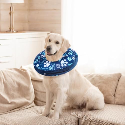 SCENEREAL Dog Cone Alternative After Surgery Donut Collar, Soft | Pet Recovery Pillow Collar for Small Medium Large Dogs, Inflatable Neck Cone ECollar to Stop Licking, Blue Bone&Paw Print - color: Blue Footprints, size: L(Neck 16"-18")