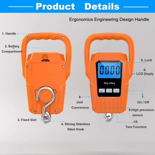 SKEAP Digital Fish Scale Hanging Scale Fishing Scale,110lb/50kg Luggage Scale,Upgrade Large Handle & Backlit LCD Display, Electronic Balance Digital Fishing Postal Scale,Orange,Fishing Gifts for Men - color: Orange