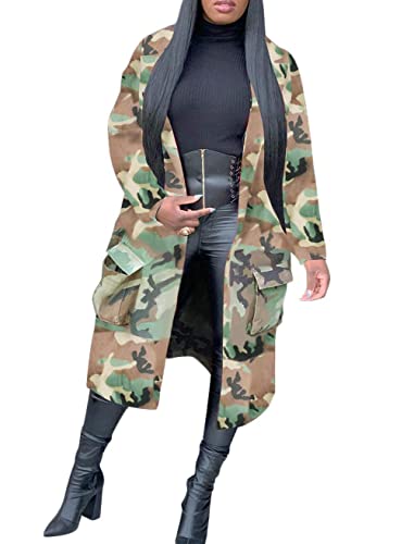 Vakkest Camo Blazer Jacket for Women Lapel Long Sleeve Open Front Cardigan Coat Classic Pockets Overcoat Outwear - color: Wgreen, size: Large