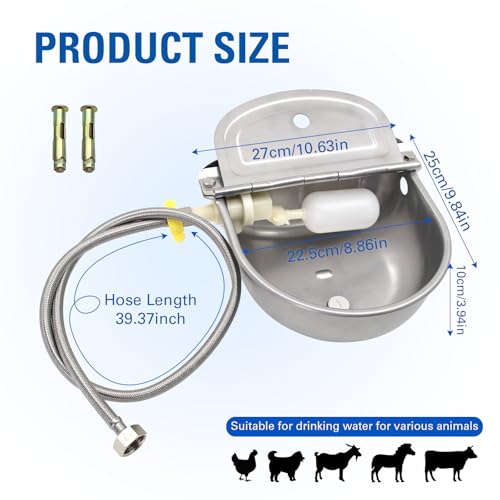 Automatic Waterer 304 Stainless Steel Float Valve for Chicken Dog Livestock | Self-Filling Water Trough with Bottom Drain Hole & 39" Hose (3/4'') for Horse, Goat, Cattle, Sheep, Cat, Poultry, Pig | 2.5L