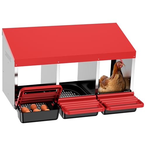 ZenxyHoC Chicken Nesting Box Red 3 Compartments | Metal Egg Laying Box with Rollout Egg Collection & Swing Perch for Backyard Chicken - size: 3 Compartments