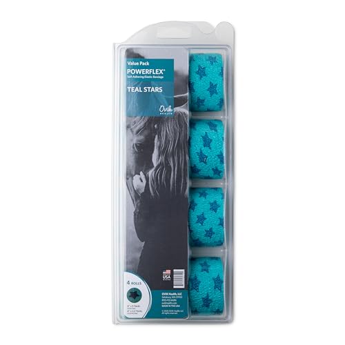 PowerFlex Equine – Extra Strong Self-Adhering Bandage Wrap – Wound Care, Compression & Support Bandage for Horses, Cows & Dogs – Stars, 4 inch, 4 Rolls (Resealable Case) - color: Stars