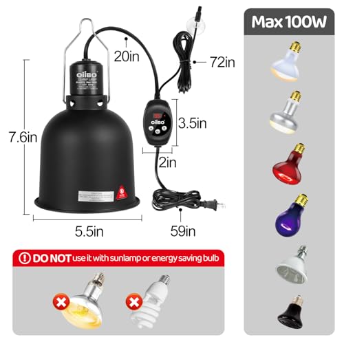 Reptile Light Fixture with Dimming Thermostat, 5.5 Inch Deep Dome Lamp Fixture, PID Temperature Controller for Reptile Heat Lamp Bulb, Max 100W