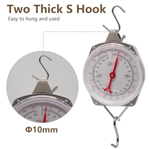 Hanging Spring Dial Scale, 440lbs/200kg Capacity, Fish Scales Digital Weight, Large Food Weighing Scale with 2 S-Hooks for Mechanical Kitchen Fishing Hunting, Big Game Scale - size: 440 lbs