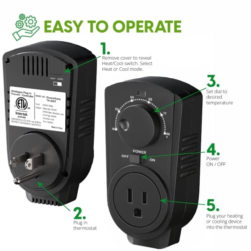EconoHome Adjustable Thermostat - Universal Plugin Heating & Cooling Thermostat - Compatible with Most EconoHome Wall Mount Space Heaters - color: Black, size: Dial Control