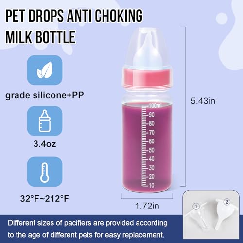 ASEVAT 3.4 oz 3Pack Pet Feeding Bottle, Anti-Choking Puppy Feeder Design,with 3pcs Replaceable and Reusable Silicone Nipples for Feeding Puppies, Kittens, Small Animals - color: Pink