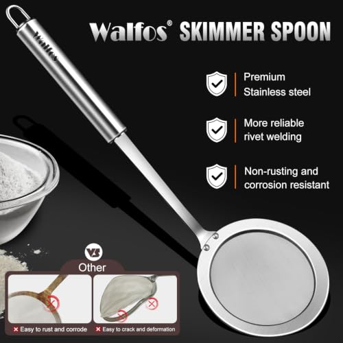 Walfos Skimmer Spoon, Stainless Steel Fine Mesh Strainer,Foam Strainer Oil Filter,Ultra Fine Mesh Strainer Perfect For Separation Of The Floating Foam,Fat,Set fo 2 - style: 2pcs (3") Skimmers