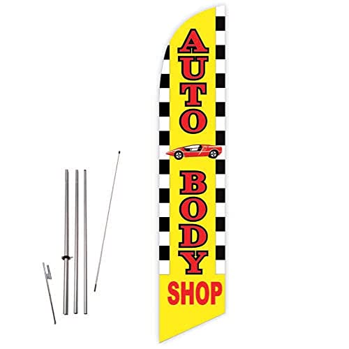 GLOBAL ADVERTISING SOLUTIONS Auto Repair Feather Flag Eye Catching Banner Sign for Business and Marketing Complete Set with 15 ft Pole Kit and Ground Spike (Auto Body Shop) - style: Auto Body Shop