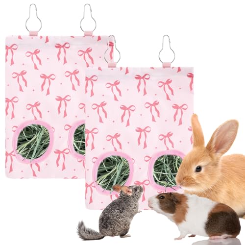 JarThenaAMCS 2Pcs Rabbit Hay Feeder Bag with 2 Holes Pink Bow Guinea Pig Hanging Hay Feeding Bag Storage Dispenser for Chinchilla Hamster Bunny Small Animal Pet - size: 11.5 x 9 inch