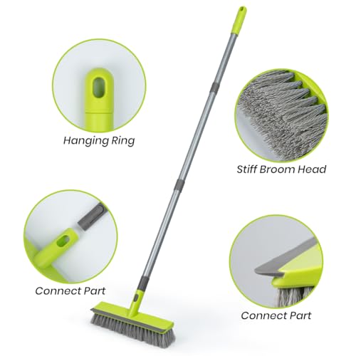 Floor Scrub Brush with 57" Long Handle, 2 in 1 Scrape and Deck Brush Floor Scrubber for Cleaning Smooth Concrete, Carpet, Patio, Kitchen Wall and Tile