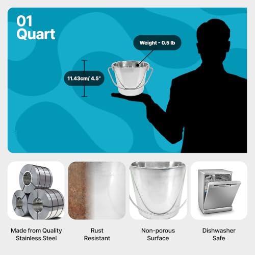 1 Quart Stainless Steel Bucket - Flat-Side Metal Bucket 0.25 Gallon | Rust-resistant & Durable Bucket For Food Prep Cleaning Feeding & Watering Pets & Livestock - For Crates Kennel Cages & Fences - size: 1 Quart
