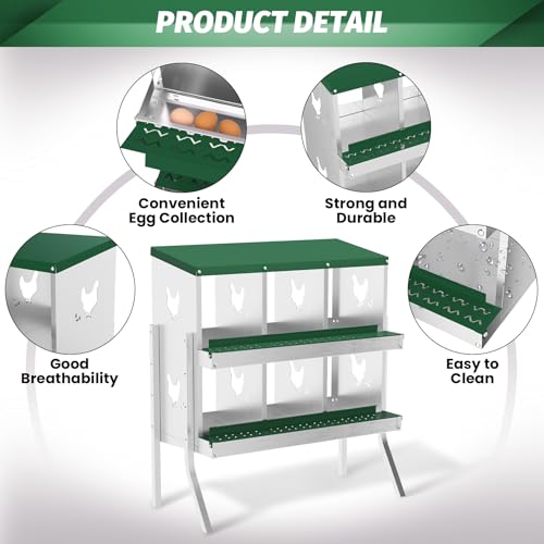 Chicken Nesting Box, 6-Hole Nesting Boxes with Bracket Legs, Removable Tray, Ventilation Holes, Easy Egg Collection & Cleaning, Laying Boxes for Hens, Green - color: Green, size: 32.1"L x 16.9"W x 26.6"H