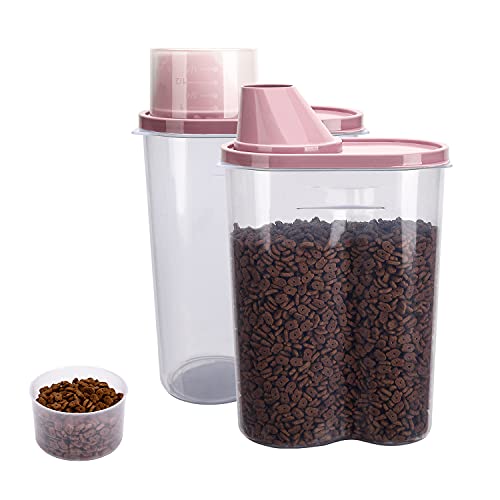 2 Pack 2lb/2.5L Pet Food Storage Container with Measuring Cup, Can Covers and Bowl for Small Dog, Cat, Waterproof-BPA Free - color: Pink 2.5L
