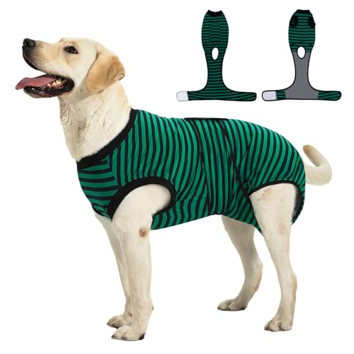 Recovery Suit for Dogs Cats After Surgery, Green Navy Stripes, S | Soft Breathable Fabric, Prevents Licking & Scratching, Easy to Put On, Machine Washable, Post-Surgery, Wound Protection - color: Green Navy Stripes, size: S (Back:11.4-13.4'', Weight:7-15