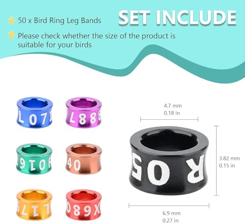 Bird Ring Leg Bands Aluminium Leg Rings Identify Band for Hibiscus Birds, Parrots, Peonies,etc.Mixed Colors 50 PCS Per Pack（ID 4.7MM） - size: ID4.7MM