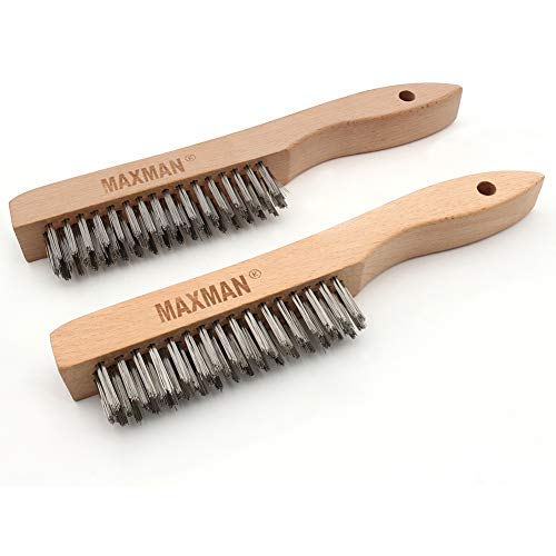MAXMAN Wire Brush, Heavy Duty Stainless Steel Wire Brushes for Cleaning Rust, Grill Brush, Steel Brush for Paint Removal, Welding, Stiff Bristle Metal Brush with 10" Long Beech Handle, Large, 2Pcs | Heavy Duty Wire Brushes for Cleaning Rust, Stiff Bristle