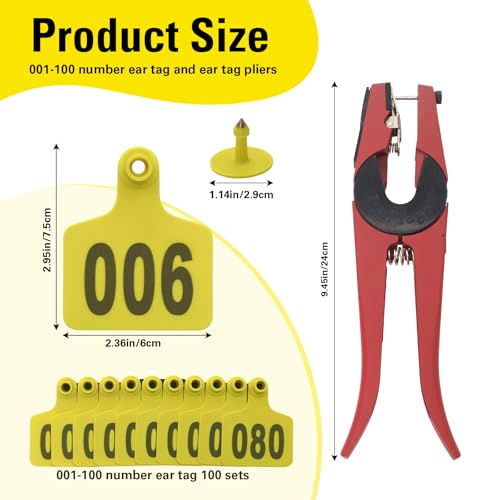 Cattle Ear Tags 001-100, 100Pcs Plastic Livestock Ear Tag for Cows Goats Sheep Pigs with Pliers Applicator & 2 Pins, Animal ID Tags for Ranch Farm Herd Tracking, Laser Print (001-100, Yellow) - color: Yellow