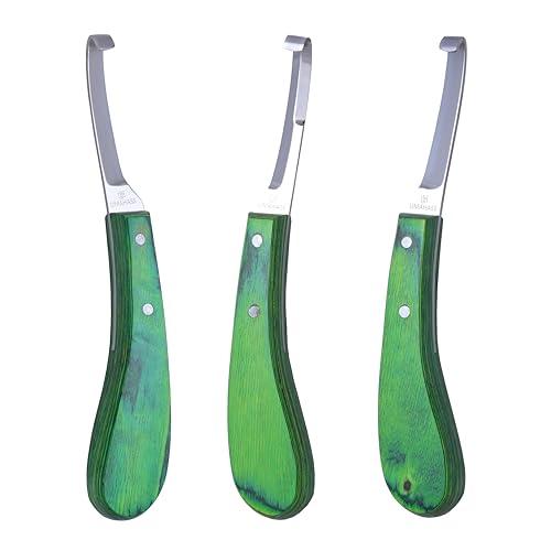 Professional Hoof Knife – Premium Stainless Steel Farrier Knife with Green Wooden Handle | Sharp Hoof Trimming Tool for Horses, Goats & Livestock | Left/Right Hand and Double Edge Use