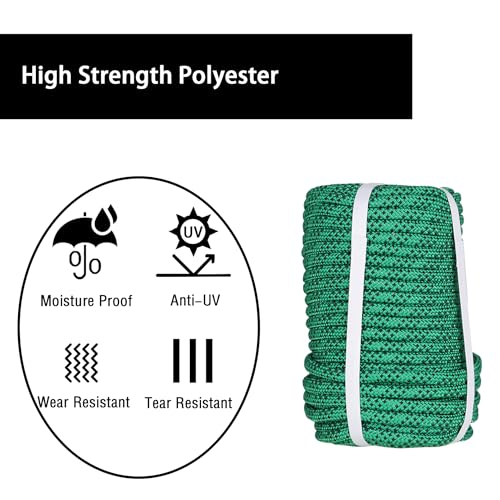 Premium Polyester Braid Rope, 3/8IN 100FT, 3520 lb High Strength Arborist Bull Rope, Multi Purpose Strong Pulling Rope, for Gardening, Camping and Swing (Green and Black)