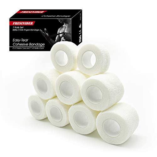 FRESINIDER 9 Rolls Self Adhesive Wrap Athletic Tape Gauze, Breathable Elastic Cohesive Bandage for Sports Injury & Pet (7 Pcs 2" x 5 Yards + 2 Pcs 1" X 5 Yards) (White) - color: White