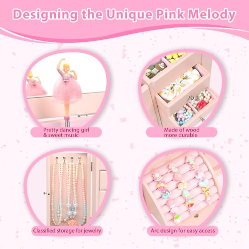 Emfogo Musical Jewelry Box for Girls, Large Kid Music Box with Ballerina for Birthday Bedroom Decor, 5 Layer Girl Jewelry Gifts for Girls Kids - Pink - color: Pink