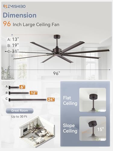 ZMISHIBO 96 Inch Industrial Ceiling Fan without Light, 8 Aluminum Blades | DC Motor, Damp Rated, 6 Speeds, Remote Control, 3 Downrods, Flat/Sloped Ceiling, Commercial, Farmhouse, Garage, Warehouse - color: Oil-bronze, size: 96inch