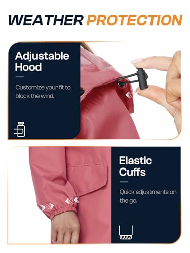 SaphiRose Women's Lightweight Packable Waterproof Long Rain Jacket | Raincoat, rain coat, windbreaker, with hood, knee-length, pack in bag, mesh lining, outdoor, camping, travel, walking dog - color: Pink, size: X-Large
