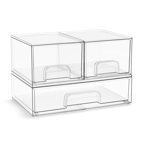 Sorbus Clear Stackable Storage Drawers (3 Pack, 4.4'' Tall and 12.1'' Wide) | Acrylic containers with pull-out bins keep cosmetics, brushes and daily items sorted on bathroom counters or in cabinets. - size: 3 Pack, 4.4’’ Tall and 12.1’’ Wide