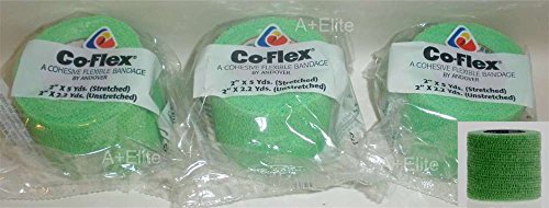 Andover CO-Flex 2"x5Yds Neon Green 3-Pack Cohesive Flexible Elastic Latex Bandage Compression Self Adherent Wrap Kids Children Vet Animals Pets Cats Dogs Horses 3200NG