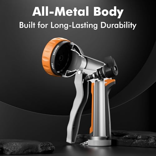 RESTMO Garden Hose Nozzle, Heavy Duty Metal Water Hose Nozzle with 7 Adjustable Spray Patterns, High Pressure Hand Sprayer with Flow Control, Best for Watering Plant & Lawn, Washing Car & Pet, Orange - color: Orange