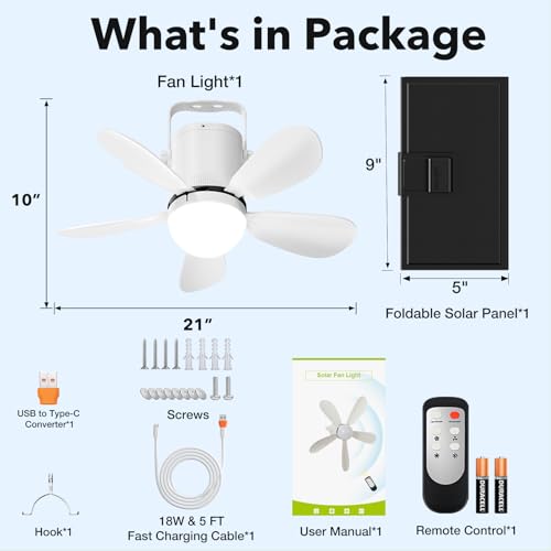 21” Solar Ceiling Fan Light with Foldable Solar Panel, Portable Solar Camping Fan Light Outdoor with Remote, Battery Operated Canopy Hanging Fan, for Outside Tent Porch Patio RVs Pergola - size: 21" Ceiling Fan M
