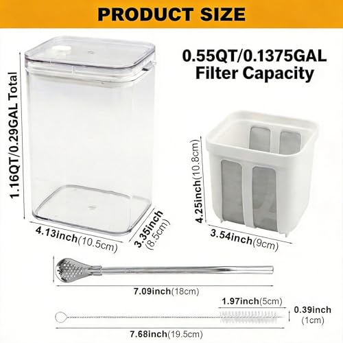 1100ml Greek Yogurt Maker & Strainer with Straw Spoon, Brush & Mesh Bag | 1.16Qt Multiuse strainer with fine mesh bag & lid. Makes yogurt, nut milk, juice, kefir & tofu. Straw spoon & brush included. - size: 1100ML