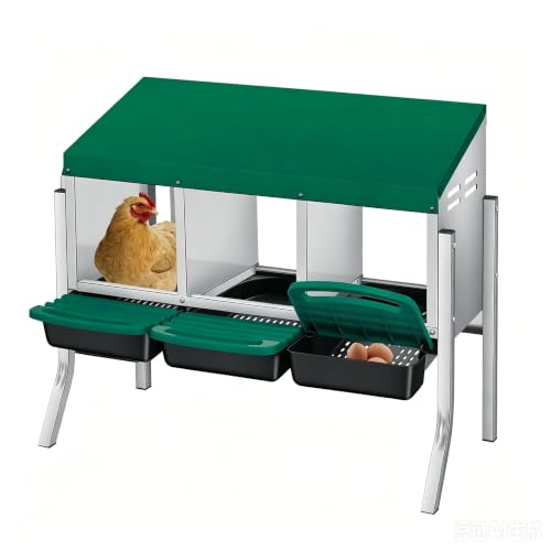 Galvanized Steel Chicken Nesting Box 3 Compartment with Pull Out Tray, Roll Away Nest Boxes for Laying Hens Egg Collection, Wall Mount Poultry Nest Box for Coop with Handle, Green, with Legs - color: Green, size: 3 Compartments with Support Legs