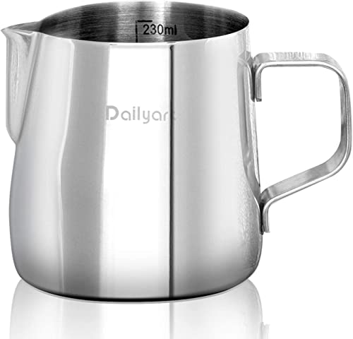 Dailyart Small Milk Frothing Pitcher 8.5OZ/250ml Milk Frother Cup | 304 Stainless Steel Milk Steamer Cup with Scale & Special Dripless Spout, Small Milk Pitcher, Espresso Machine Accessories