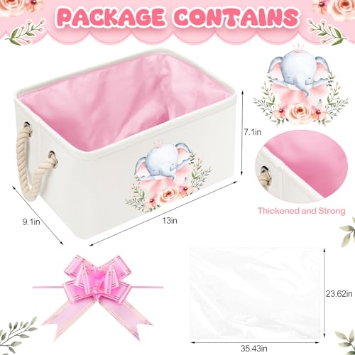 Pickmesh Baby Shower Storage Basket with Gift Bags Rectangular Ribbons Collapsible Canvas Storage Bin with Handles for Diaper Organizing Toy Home DIY Gift Basket, 13 x 9. 1 x 7. 1 Inch(Pink Elephant) - style: Pink Elephant