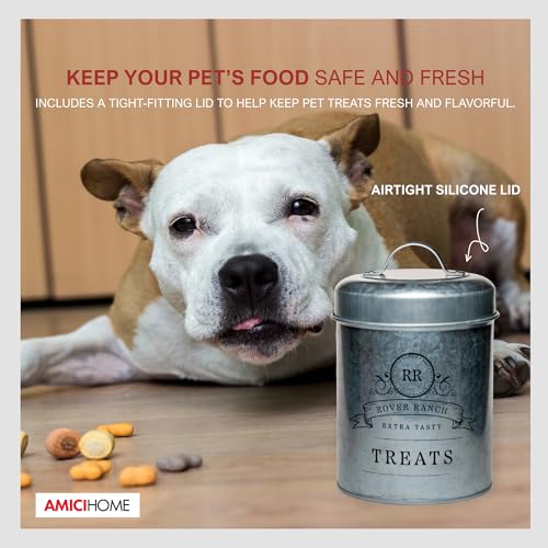 Amici Home Rover Ranch Metal Pet Treat Canister, 64 Oz - Silver | Airtight Treat Storage Jar with Silicone Gasket, Wide Mouth, Lid Handle, Pet Snack Container for Biscuits & Training Bites - style: Treats