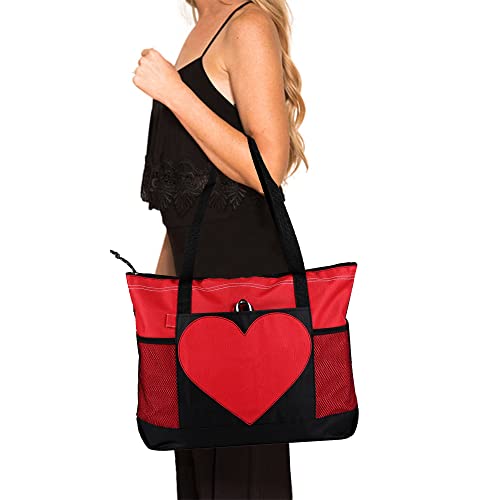 Tote Bag Large Size Shoulder Bag with Zipper, Lightweight Casual Travel Luggage Bag with Two Mesh Pockets for Women - color: Red