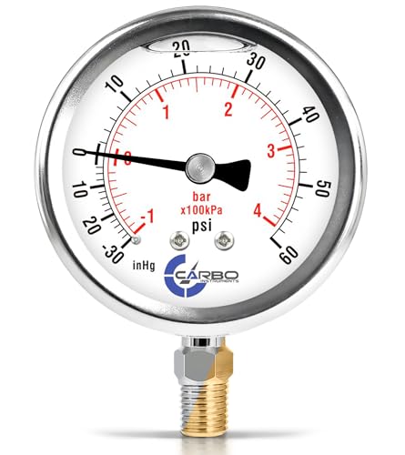 Compound Pressure Gauge -30 inHg to 60 PSI, Liquid Filled, 4" Dial, 1/4 NPT Lower Mount, 304 Stainless Steel Case, Brass Parts, PSI/inHg - ASME B40.1 Grade A - size: -30inHg / 0 / +60Psi, style: STANDARD