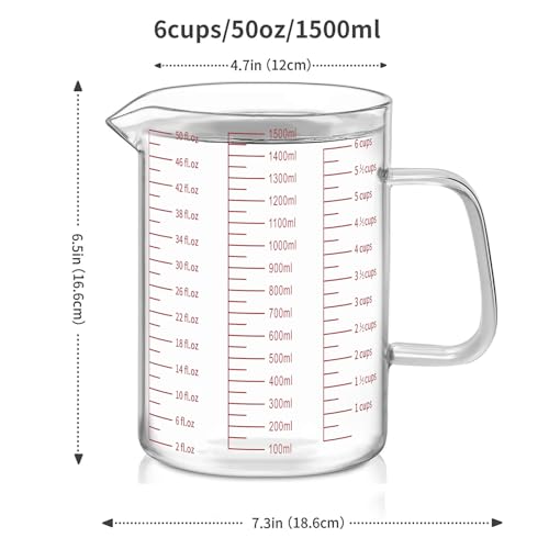 Luvan 6 Cups Glass Measuring Cup, Easy to Read with 3 measurement scales (Ml/Oz/Cup), Insulated Handle and V-shaped Spout, High Borosilicate Glass Measuring Cup, Ideal for Kitchen or Restaurant - color: 50Oz/6Cups/1.5L