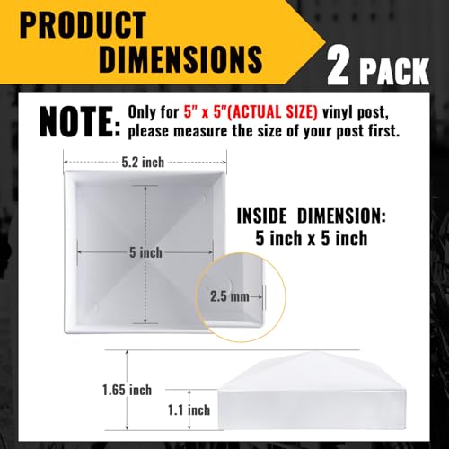 VIVIDA 5" x 5" Vinyl Post Caps, White PVC Fence Post Caps, 2 Pack | Actual 5" x 5", Pyramid PVC Post Caps, Waterproof Plastic Fence Post Cover, For Vinyl Fence, Lamp, Deck, Mailbox - size: 5" x 5" (2 PCS)