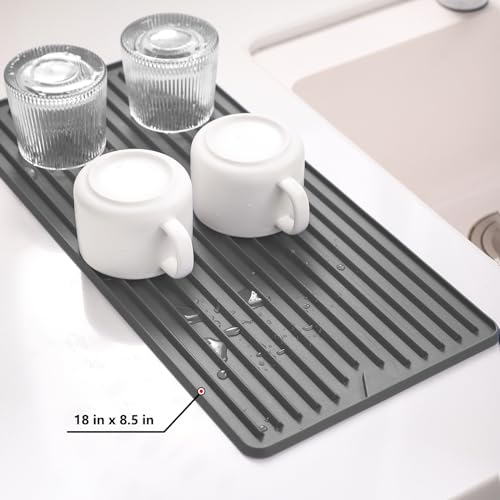 Silicone Dish Drying Mat, 18 x 8.5 Inches Grey | Elegant Design for Kitchen Counter, Multipurpose Durable Food Grade Silicone, Non-slip, Quick Water Releasing - size: 8.5" x 18"