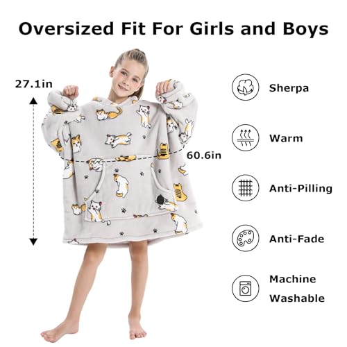THREE POODLE Wearable Blanket Hoodie for Kids, Oversized Sherpa Sweatshirt Blanket with Giant Hood, Warm Cozy Cat Hooded Blanket, Cute Gifts for Kids Girls Boys - color: Cat, size: Kids