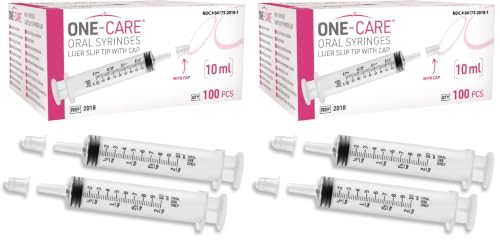 Pack of 200, ONE-CARE 10ml Oral Syringe with Cap, Latex-free, 100 Oral Dispensers - 10ml, Prolonged Slip Tip, Uses include oral administration of medicine for infants, adults and animals - size: 10 ml Black Scale (Pack of 2)
