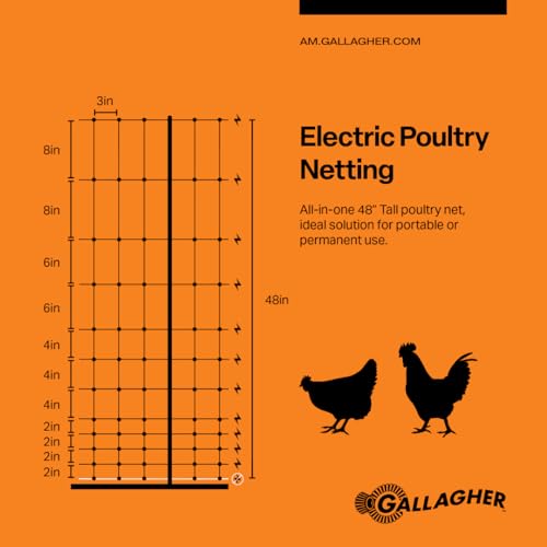Gallagher 48" x 82' Electric Poultry Netting | Highly Conductive Braided Electric Chicken Fencing with Double-Spiked Fiberglass Posts | Electric Fencing for Backyards, Pastures, Farms and Homesteads