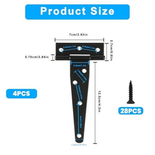 T Strap Hinges Heavy Duty, Shed Door Gate Hinges(Black) (4, 4 Pcs *6 inch) | 3 inch t hinges Heavy Duty Black Outdoor Tee Hinge for Wooden Fences, Barn Door Gates Hinge for Shed Door Hardware - size: 4 Pcs *6 inch