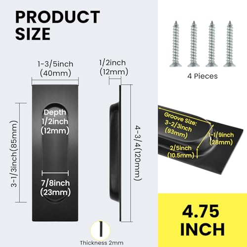 4.75 Inch Sliding Closet Door Handles, 2 Pack | Stainless Steel Recessed Finger Flush Pulls, Rectangular Matte Black Pocket Door Handles for Closet Doors Sliding Barn Doors - size: 4.75"×1.57" (L×W)