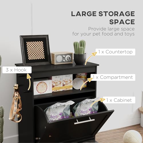PawHut Dog Feeding Station with Raised Bowls, Pet Feeder Station, Black | Dog Food Storage Cabinet, Hanger for Feeding & Watering Supplies - color: Black