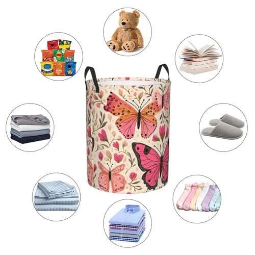 Laundry Basket Colored Pink Butterflies Collapsible Large Capacity,Dirty Clothes Basket Durable Lightweight Hamper With Handles Ideal For Clothes,Toys Home Organization size19.6iN *15.7in,63L - color: butterflies
