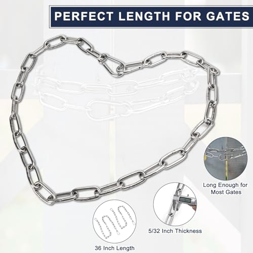 2 Pack Outdoor Fence Gate Chains, 5/32 x 36 Inch Mental Chain Fence Lock with Spring Hooks Easy to Open and Close, Silver Safety Gate Chain Link for Livestock, Ranch, Barn Urkupoo (Extended)