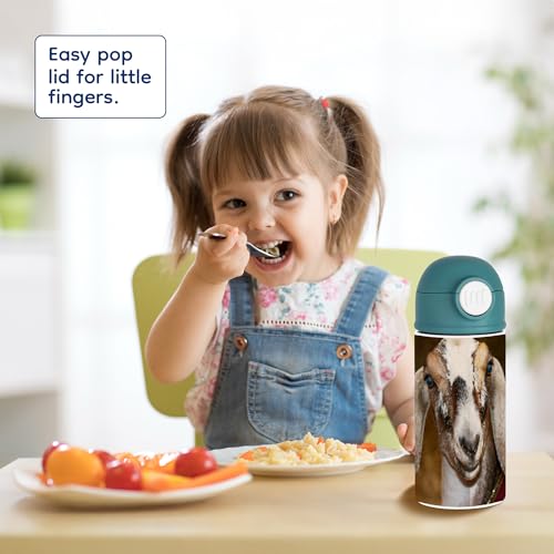 3dRose Sweet Goat Enthusiast 12oz Kids Green Bottle – Cute goat with a friendly gaze on a white background – Farm Visit, School Lunch - color: Green